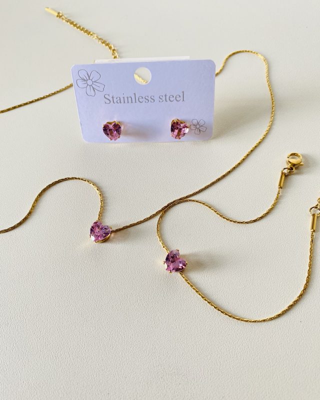 Trendy Zircon Pink Heart Set